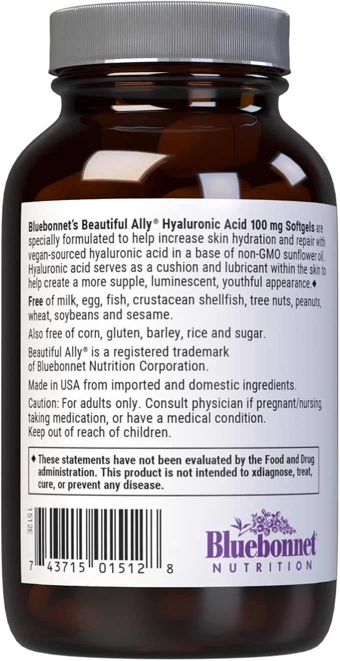 Bluebonnet Nutrition Beautiful Ally Hyaluronic Acid 100mg Nurture Radiant Skin* Non-GMO Gluten-Free Soy-Free 90 Softgels 90 Servings