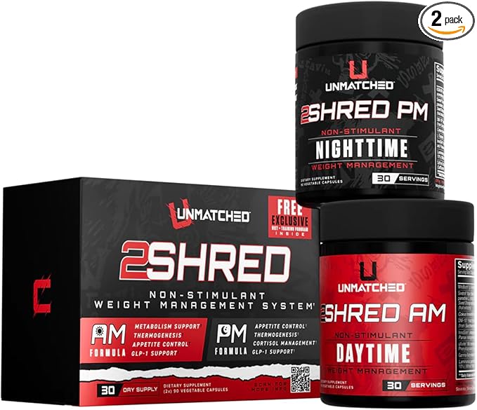 Unmatched 2Shred AM + PM | Non Stimulant Weight Management System | Thermogenesis Fat Burning &amp Appetite Control | 180 Vegetable Capsules 30 Day Supply