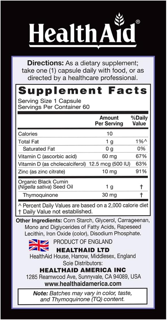 HealthAid Black Seed Oil Capsules 1000mg 60 Count Cold-Pressed with Vitamin C D Zinc for General Health and Wellbeing Vegan Rich in Thymoquinone