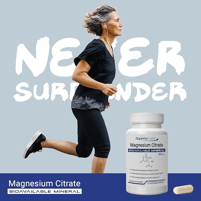 Superior Labs Magnesium Citrate 200mg High Absorption Non-GMO Additive-Free &amp Gluten-Free Promotes Calm Sleep Eases Muscle Cramps &amp Twitches Supports Constipation Relief 120 Veg Caps