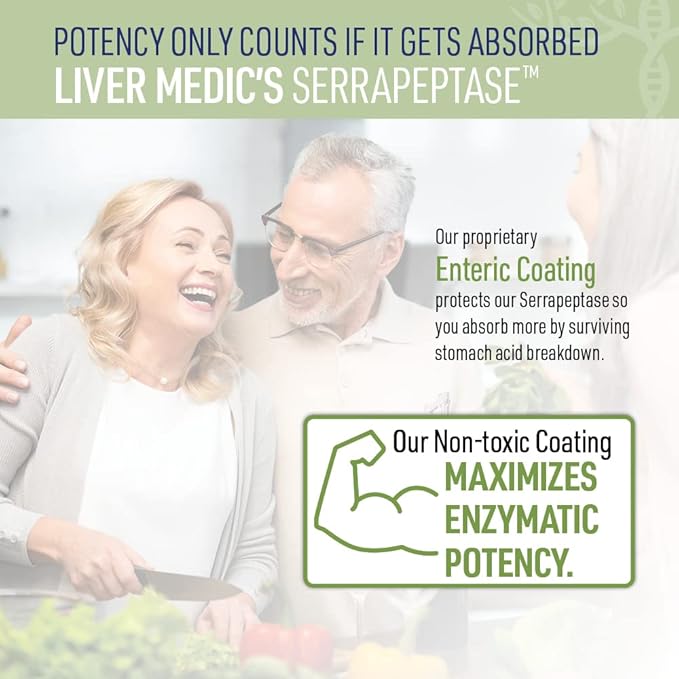 Serrapeptase Pure Digestive Proteolytic Enzymes Enteric Coated Premium Healthy Gut Protection and Vegan Liver Support Supplement for Sinus Respiratory and Gut Health NonGMO (60 Caps)