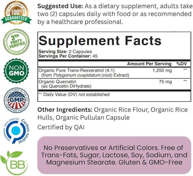 Purity Labs Trans-Resveratrol Supplement 5000 mg Equivalent per Serving with Quercetin USDA Organic High Potency Antioxidant Vegan Capsules 90 Count