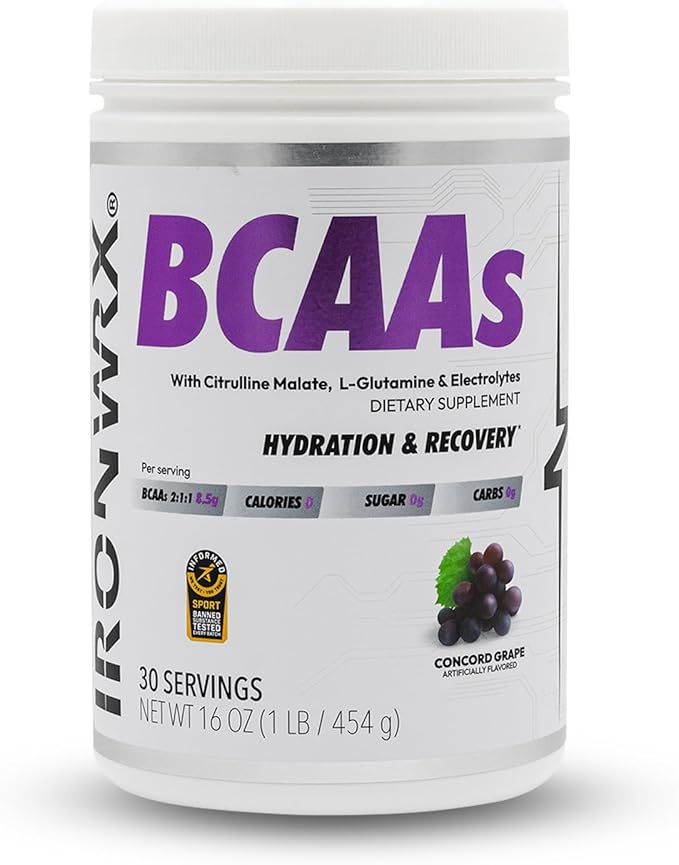 BCAA Powder | 8g Amino Acids per Serving | 2:1:1 Ratio with Citrulline Malate &amp L-Glutamine | Advanced Muscle Recovery &amp Soreness Support | Grape 30 Servings | Zero Sugar Keto Friendly