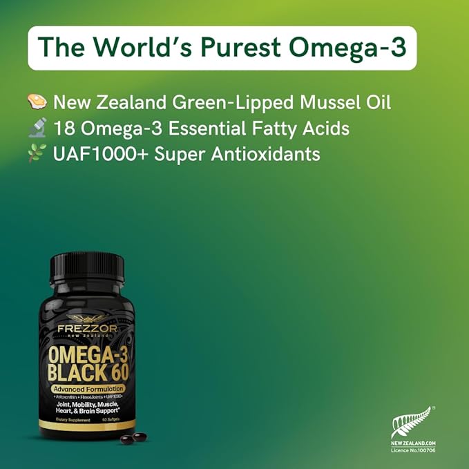 FREZZOR Omega 3 Black for Joint Care &amp Comfort - New Zealand Green Lipped Mussel Oil Capsules 53x Higher Potency with UAF1000+ Super Antioxidant No Fishy Aftertaste 1-Pack 60 Softgels