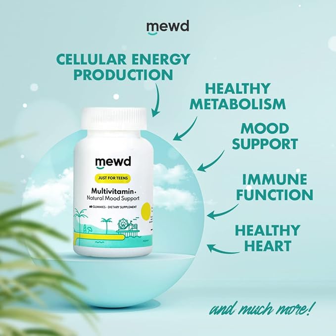 MEWD Teen and Kids Mood Support Multivitamin Gummies - Natural Focus &amp Calm with L-Theanine Vitamins A C D3 B6 B9 &amp B12 Plus Zinc &amp Iron - Vegan Immune Booster Gluten-Free Brain Hea