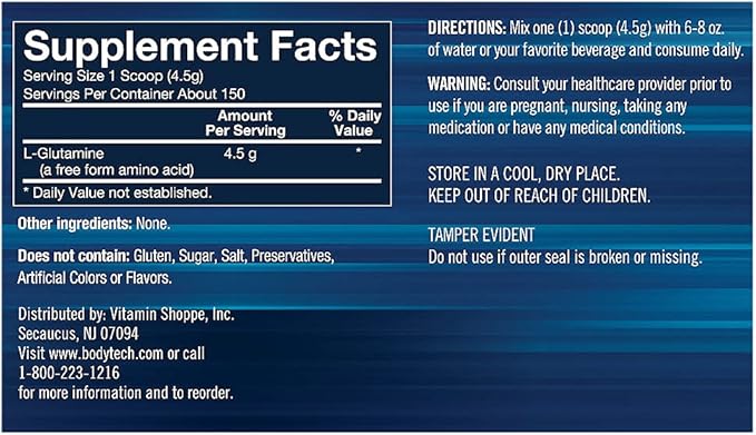 BodyTech Glutamine Powder - Unflavored Formula for Enhanced Muscle Recovery and Support for Immune Health - Ideal for Post-Workout Nutrition (23.82 oz / 150 Servings)