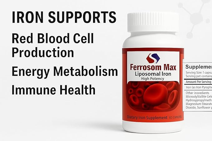 Max Liposomal Iron Supplement 60 Capsules (45mg Pure Elemental Iron) by Siba Pharm | Maximum Absorption Formula | Non GMO Vegan Premium Quality | Helps New Blood Cell Production.