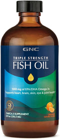 GNC Triple Strength Fish Oil Liquid Supplement Wild Deep Ocean Caught. with 1000mg EPA DHA Omega 3s for Heart Brain Skin Eye Joint Health Natural Orange Flavor 8 Fl Oz 47 Servings