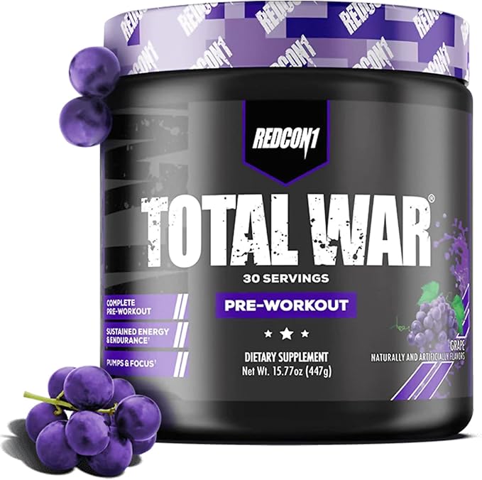 REDCON1 Total War Pre Workout Grape - Fast Acting Caffeinated Preworkout for Men + Women with Beta Alanine - Contains Citrulline Malate for Increased Pump Blood Flow (30 Servings)
