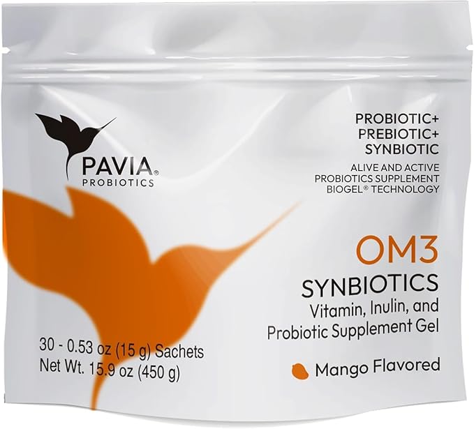 Pavia Live Probiotics Bio-Gel with Omega 3 | Probiotics &amp Prebiotics with Nutrients | Cognitive &amp Focus Support | Sugar Free | Mango Flavor | 1 Billion Live Cultures | 30 Sachets