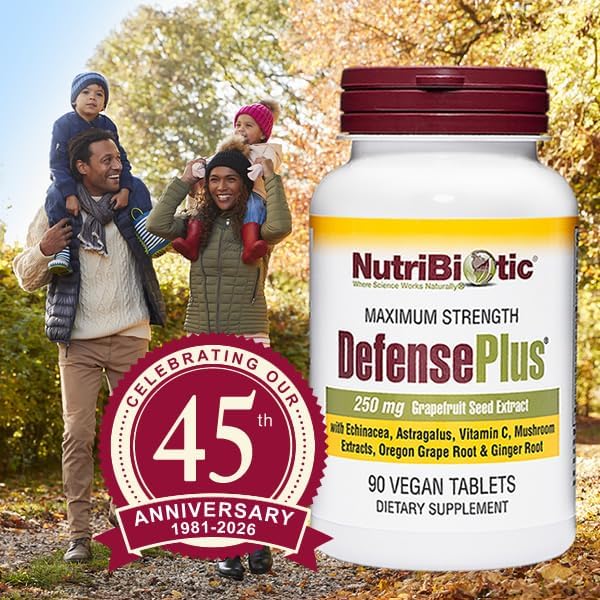 NutriBiotic – DefensePlus 90 Tablets - 11 in 1 Immune Support with Vitamin C Zinc Grapefruit Seed Extract Echinacea Astragalus Root &amp Immune Boosting Extracts &amp Mushrooms - Vegan &amp Gl