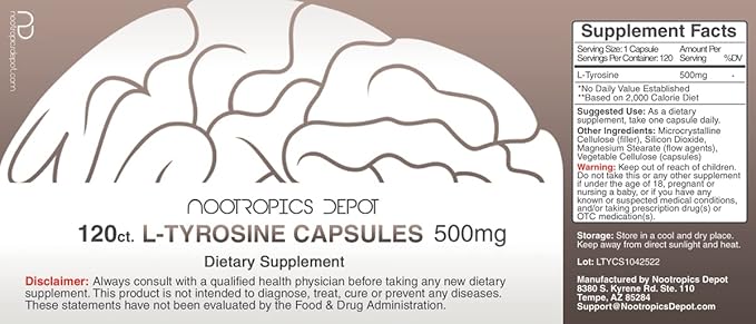 Nootropics Depot L-Tyrosine Capsules | 500mg | 120 Count | Amino Acid Supplement | Supports Healthy Stress Levels | Boosts Energy | Promotes Mental Alertness Focus and Clarity