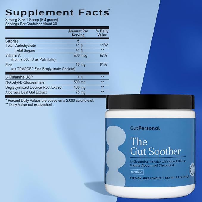 GutPersonal The Gut Soother L-Glutamine Powder Supplement: Restore Gut Lining Soothe Digestive Discomfort While Promoting Overall Gut Health 30 Servings (Vanilla)