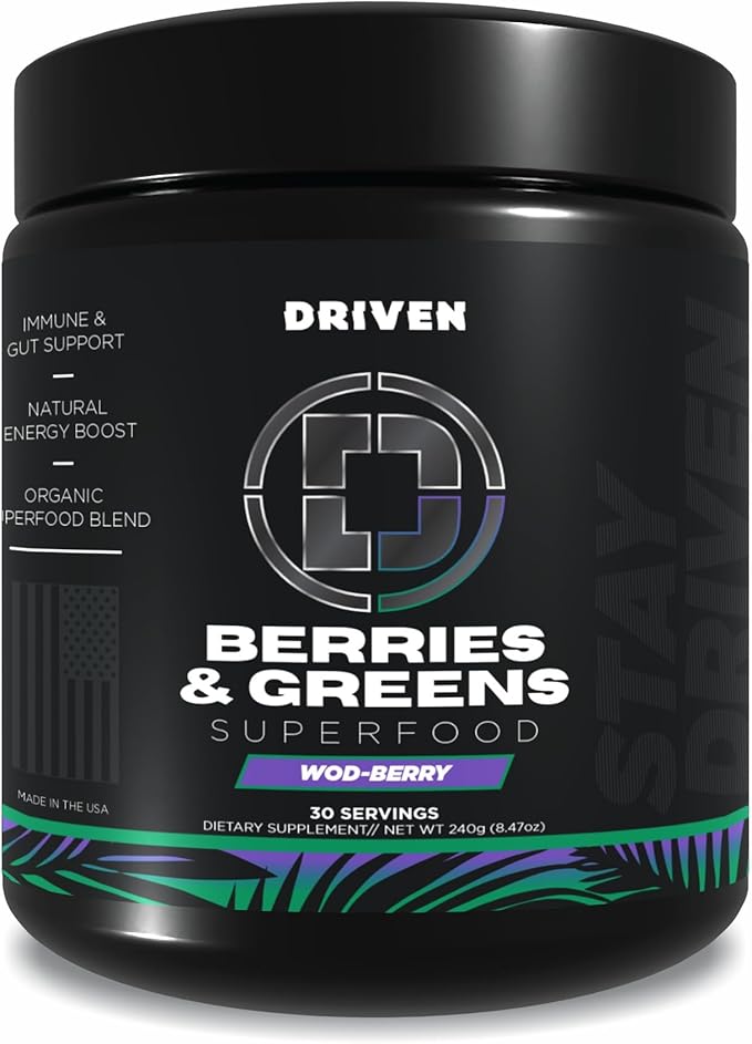 Driven B&ampG Berries &amp Greens Superfood Powder 30 Servings - Organic Plant-Based Formula with Probiotics &amp Digestive Enzymes -Supports Recovery Healthy Digestion and Immune Function