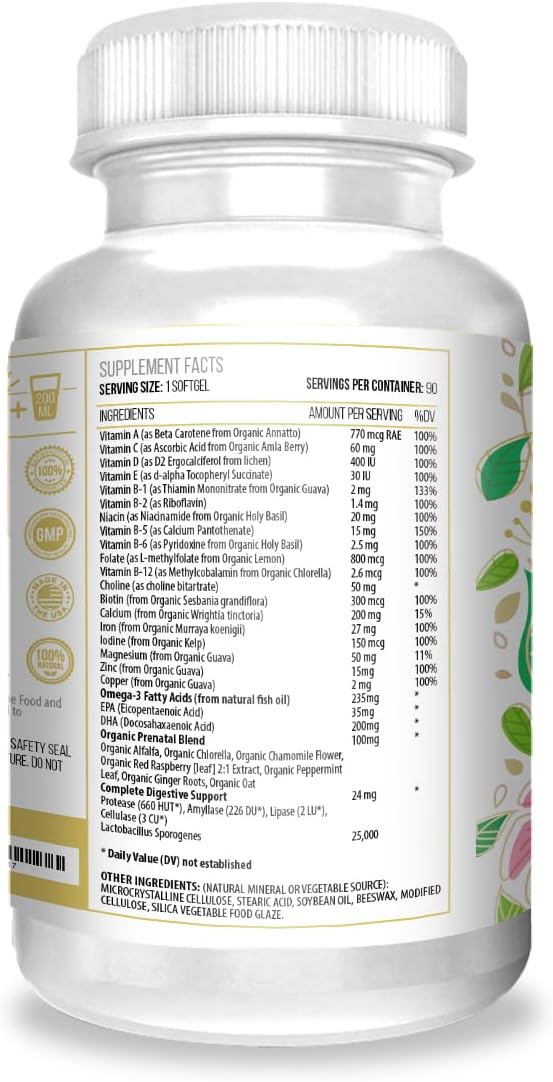 ACTIF Organic Prenatal Vitamin with 30+ Organic Vitamins 100% Natural DHA EPA Omega 3 and Organic Herbal Blend - Non-GMO 90 Count 2024 Formula