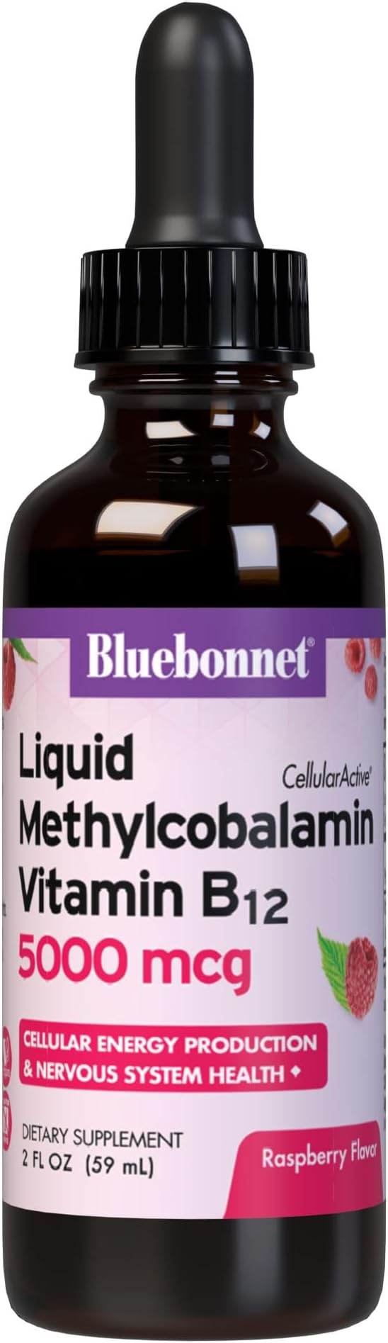 Bluebonnet Liquid Methylcobalamin Vitamin B12 5000 mcg Active Coenzyme Form of Vitamin B 12 Liquid Drops Energy Supplement for Women &amp Men - Vegan Gluten-Free - Raspberry Flavor - 2 Fl Oz