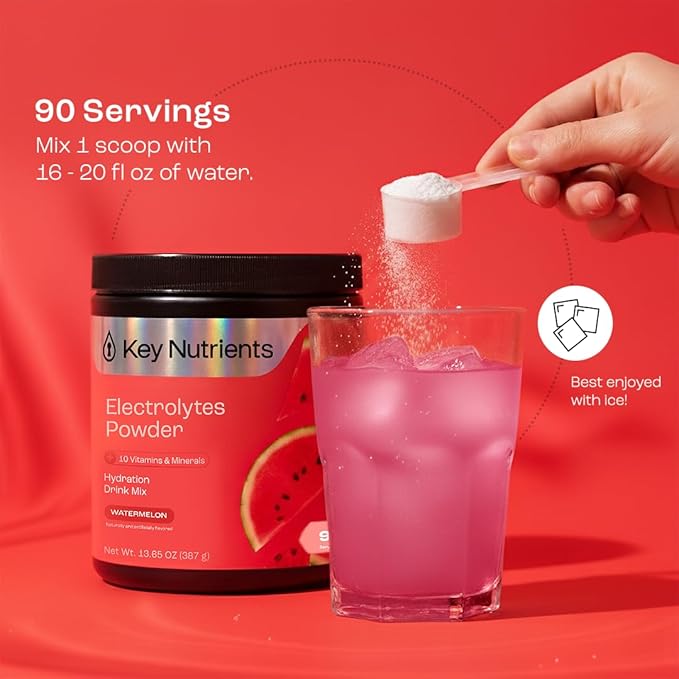 KEY NUTRIENTS Multivitamin Electrolytes Powder No Sugar for Recovery - Refreshing Watermelon Electrolyte Powder - Hydration Powder - No Calories Gluten Free Electrolytes Powder - 90 Servings