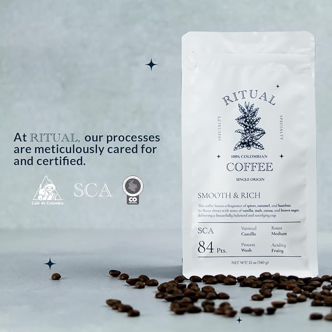 Ritual Specialty Coffee - Colombian Single Origin Whole Bean Coffee Low Acid Smooth &amp Rich SCA 84+ Score (Caramel Vanilla Cocoa) Medium Roast 12oz (340g) 100% Arabica Castillo Variety.