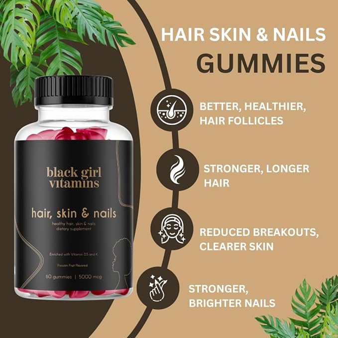 Black Girl Vitamins - Hair Skin and Nails Gummies with Biotin (6000 mcg) Zinc Gelatin Free Vitamin A and Vitamin E - Gluten-Free. Made in The USA (Passion Fruit 120 Count) 60 Day Supply