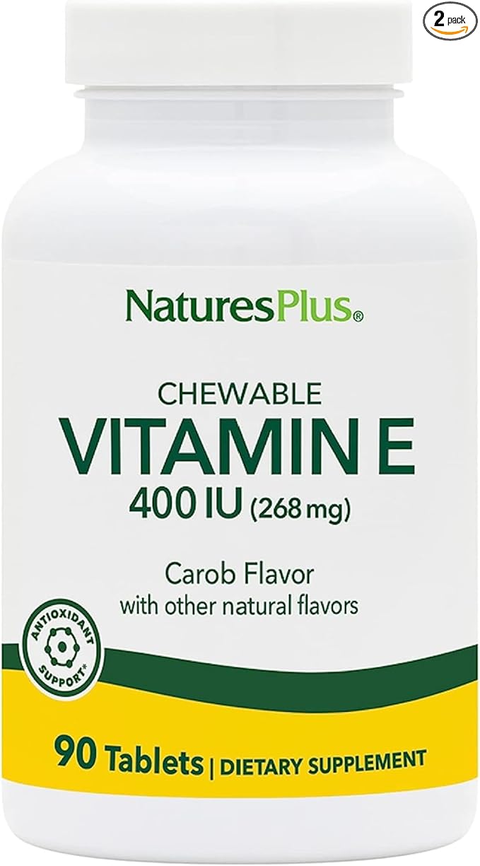 NaturesPlus Vitamin E Natural Carob Flavor - 90 Chewable Tablets Pack of 2 - Free-Radical Defense &amp Overall Well-Being - Vegetarian Gluten Free - 180 Total Servings