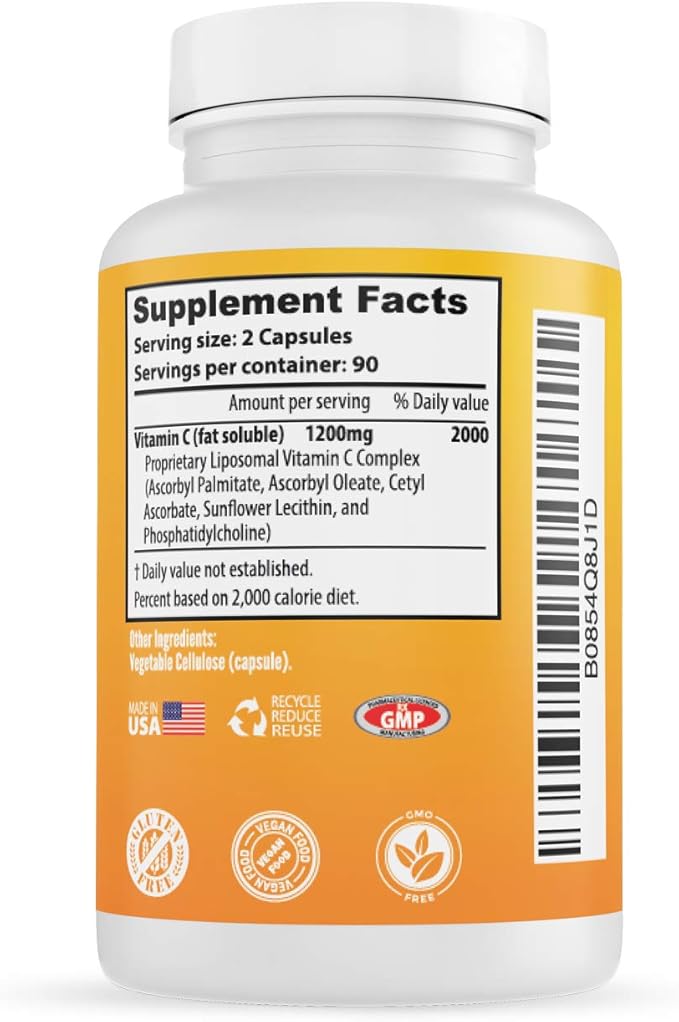 Liposomal Vitamin C Supplement Pills 1200 mg - High Absorption 180 Vegan Capsules Fat Soluble VIT C Maximum Strength Immune System and Collagen Booster Sunflower Lecithin