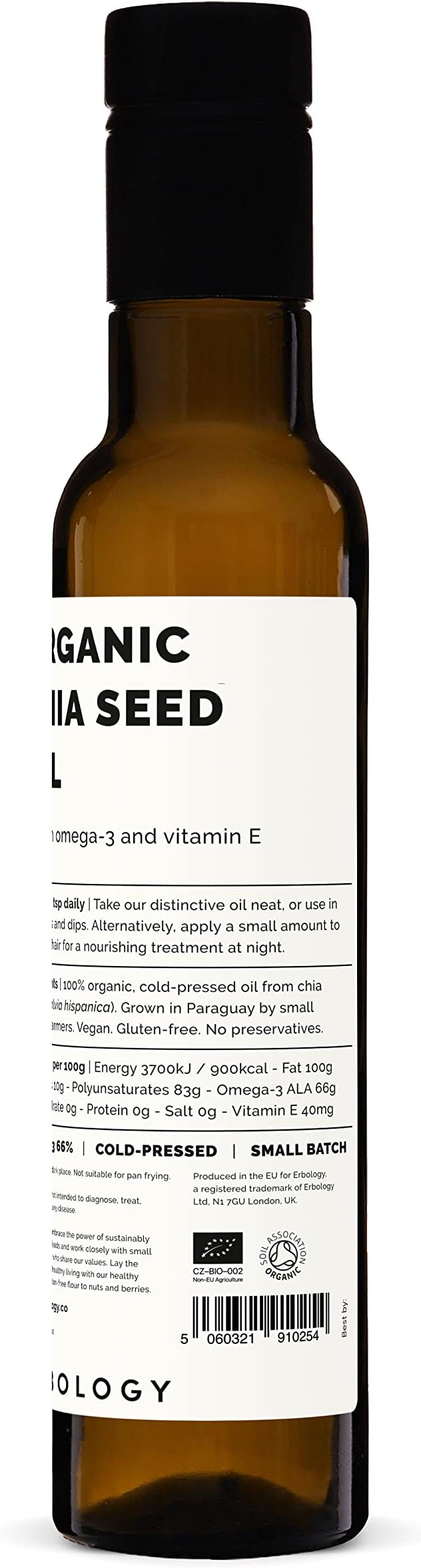 Erbology Organic Chia Seed Oil 8.5 fl oz - Cold-Pressed - Rich in Omega-3 (66%) and Vitamin E (330% RI) - No Additives or Preservatives - Sustainably Sourced - Vegan - GMO-Free