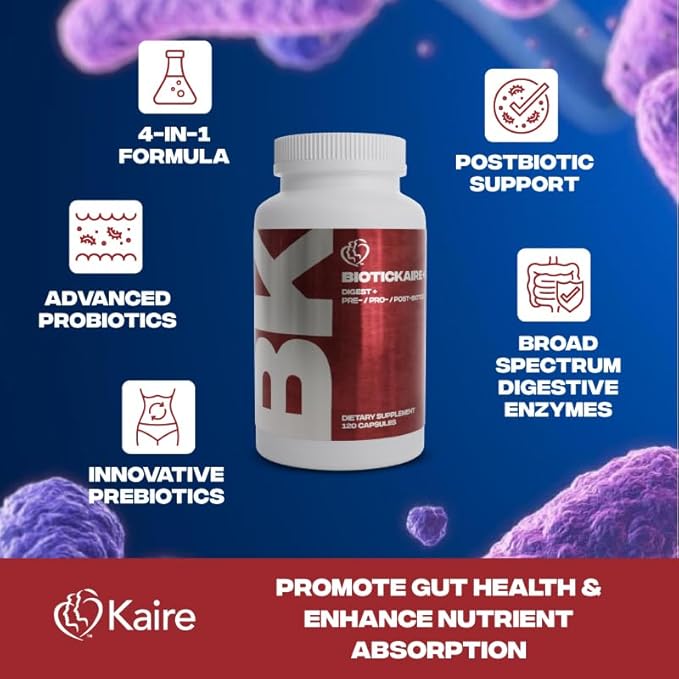 Kaire BioticKaire+ Multi-Action Digestive Enzymes – Probiotics Prebiotics Postbiotics &amp Enzymes – Daily Wellness for Health &amp Support Supplement (120 Capsules)