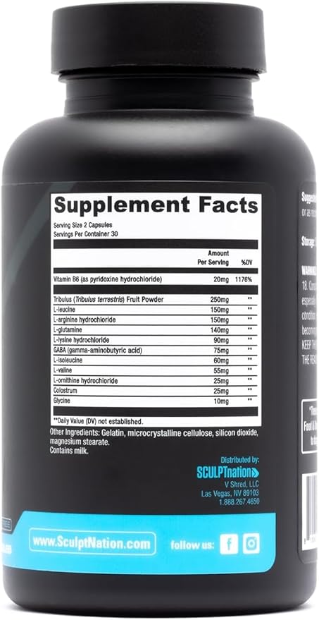 Sculpt Nation by V Shred L Arginine Tribulus Terrestris &amp Amino Acids for Energy Performance and Vitality Support Lean Body Mass and Recovery Support - 60 Gluten Free Capsules - 2 Pack