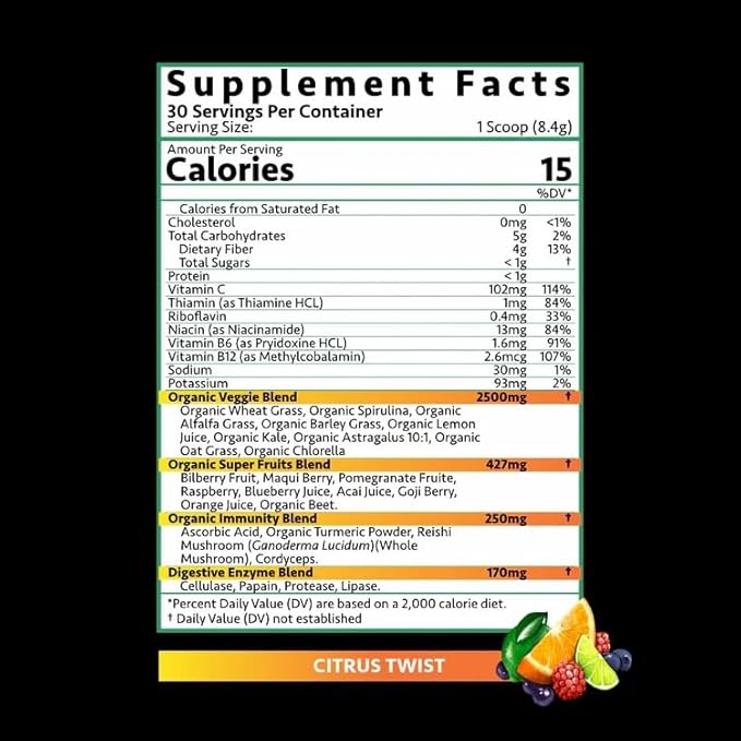 Driven B&ampG Berries &amp Greens Superfood Powder 30 Servings - Organic Plant-Based Formula with Probiotics &amp Digestive Enzymes -Supports Recovery Healthy Digestion and Immune Function (Citr