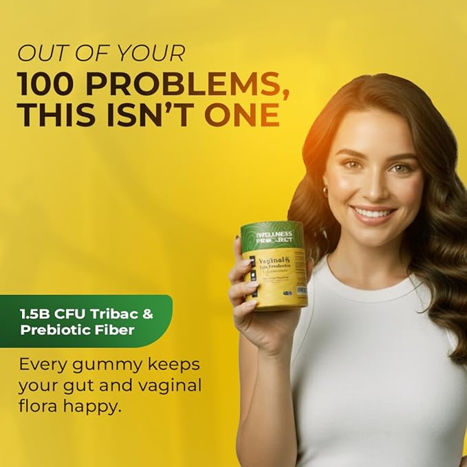 The Wellness Project Vaginal &amp Gut Probiotic + Prebiotic Gummies| Triple-Strength Clinically Studied Probiotics for Flora Odor &amp pH Balance | No Added Sugars | Delicious Pineapple Flavor (Pac