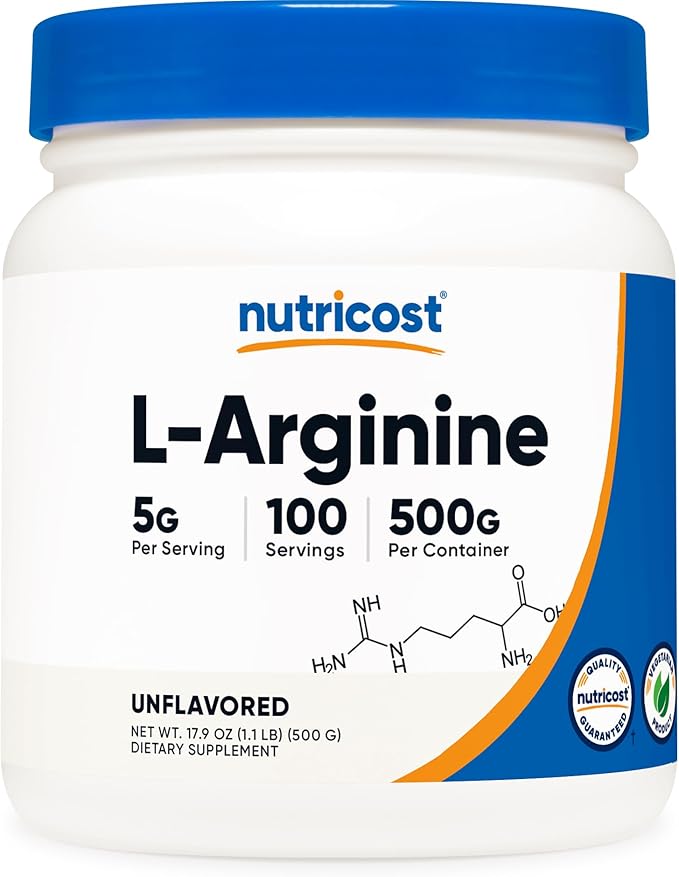 Nutricost L-Arginine Powder 500 Grams (1.1lbs) - Pure L-Arginine Powder - 5000mg Per Serving 100 Servings
