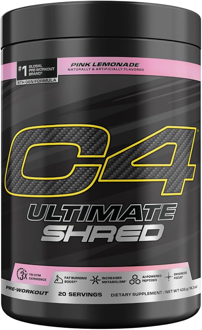 Cellucor C4 Ultimate Shred Pre Workout Powder Metabolism Supplement with Cayenne Extract+300mg Caffeine+TeaCrine+Dynamine - Pink Lemonade 20 Servings