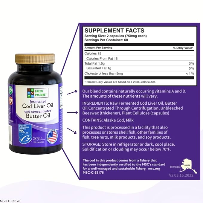 Green Pasture Fermented Cod Liver Oil &amp Butter Oil Blend - Wild Alaska Cod Vitamins A &amp D Omega-3-6-9 MSC Certified 120 Capsules