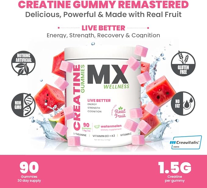 Creatine Monohydrate Gummies for Men &amp Women – Real Fruit Gummy Supplement for Muscle Growth Recovery Longevity Cognitive Health &amp Memory – 90 Chews (90 Gummies Watermelon)