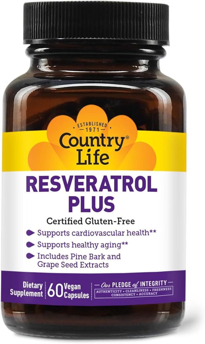 Country Life Resveratrol Plus 1000mg - Organic Antioxidant Supplement with Pine Bark &amp Grape Seed Extracts - Vegan Gluten-Free Non-GMO