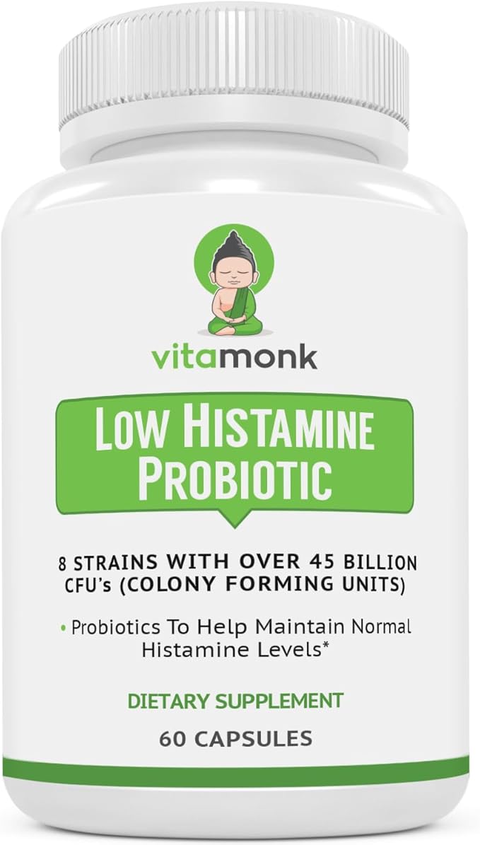 VitaMonk Low Histamine Probiotics Fight Histamine Intolerance and Support Balanced Gut Health - Histamine Free Probiotic for Those Seeking Health Improvements with Histamine Control -60 Capsules