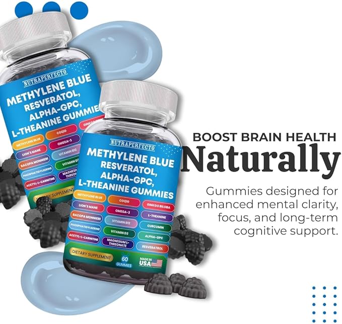 Sugar Free Methylene Blue Gummies Supplement with L-Theanine DIM Myo-Inositol D-Chrio Choline DHA for Mental Clarity Focus Brain Memory Cognitive Support Vitality Performance Neuroprotection