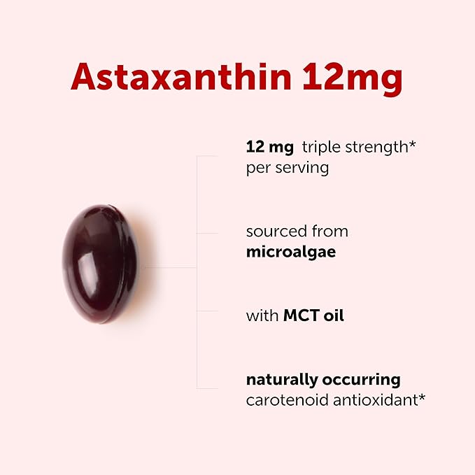 Micro Ingredients Astaxanthin 12mg with MCT Oil 60 Softgels | Fresh Microalgae Source | Triple Strength Easy to Swallow Non-GMO Gluten Free Soy Free