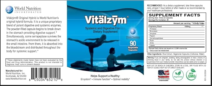 VITÄLZYM Digestive Enzymes for Gut Health | Proteolytic Systemic Multi Enzymes with Serrapeptase for Women and Men | Helps Increase Blood Flow and Maintain Digestive Health (90 Capsules)