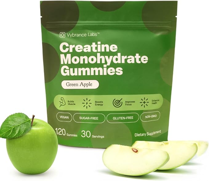VYBRANCE LABS Creatine Gummies for Women &amp Men — First &amp Only 5g Creatine + Taurine + Vitamin B12 | Vegan Creatine Gummies | Sugar-Free | Sour Green Apple