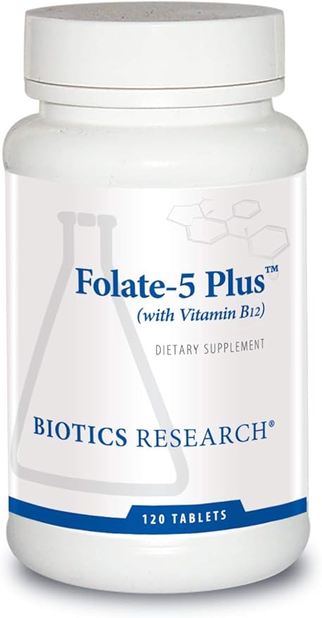 Biotics Research Folate 5 Plus High Potency Folate with B12 Methyl Support 5 Milligram Natural and Whole Food Form of Folate 18mcg B12 Pregnancy Nutrition Energy Support Healthy Skin 120 tabs