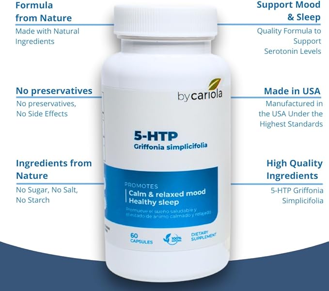 5-HTP Natural Mood &amp Sleep Support Supplement Capsules - Mood Support - Sleep Support - Serotonin Booster - Calming Effect - Natural Formula Griffonia Simplicifolia - 60 Caps
