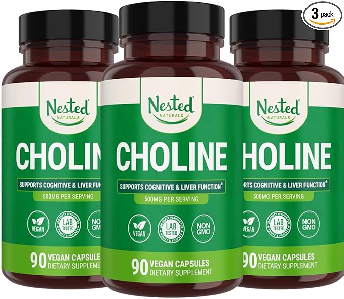 Nested Naturals Choline Bitartrate 500mg | High Potency Choline Supplements | Supports Cognitive Performance &amp Liver Function | 100% Vegan &amp Non-GMO | (3-Pack)