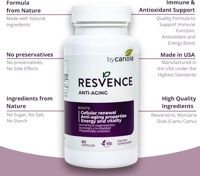 Resvence Resveratrol Supplement Capsules - Antioxidant - Boost Immune System - Energy &amp Vitality - Cellular Renewal - Supports General Wellbeing - Resveratrol - Camu Camu - 60 Caps