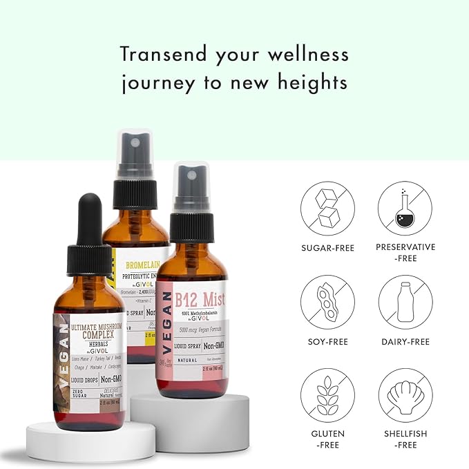 Trio Bundle - Mushroom Complex Drops B12 Mist &amp Bromelain Spray - Non-GMO Gluten-Free Sugar-Free Easy Absorption Multivitamins for Kids &amp Adults - 2 Fl Oz 420 Day Supply