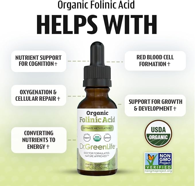 Dr. Green Mom USDA Organic Folinic Acid Drops - 500 mcg per Drop | Methylation Support B9 Supplements for Kids &amp Adults | Supports Neurological Function Nervous System Health &amp DNA Synthesis