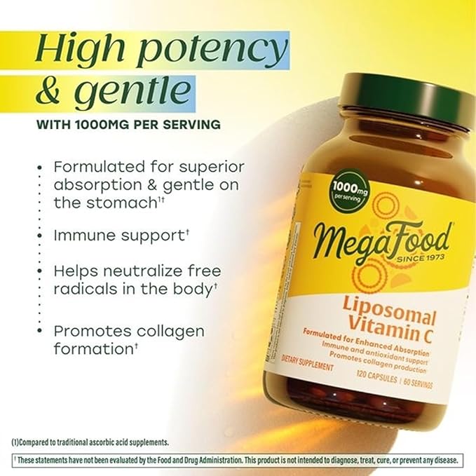 MegaFood Liposomal Vitamin C 1000mg Per Serving - Collagen Production &amp Immune Support Supplement - High Potency Formula - Superior Absorption &amp Gentle On Stomach - 120 Vitamin C Capsules 60
