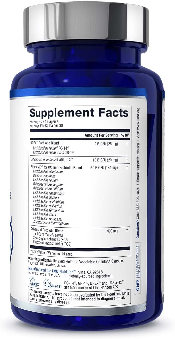 1MD Nutrition BiomeMD Probiotics for Women - 62 Billion CFUs 16 Strains with Prebiotics | Supports Vaginal &amp Urinary Health - Doctor-Formulated | 30 Capsules (2-Pack)