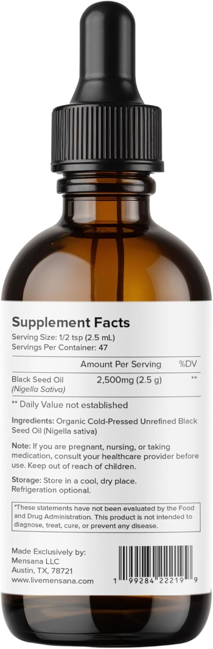 MENSANA Black Seed Oil (4 oz - 47 Servings) – Cold-Pressed Virgin Nigella Sativa – 100% Organic Non-GMO Pure &amp Unrefined Wellness Oil