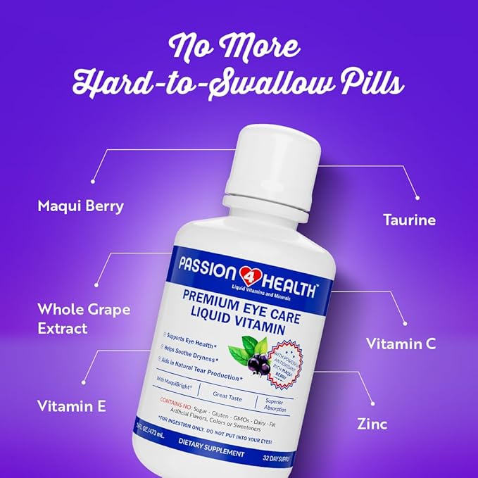 Passion 4 Health Liquid Eye Vitamins - Natural Vision &amp Adult Eye Care Supplement - Premium Support with Maqui Berry Extract Gluten-Free Non-GMO No Sugar - 30-Day Supply Made in USA